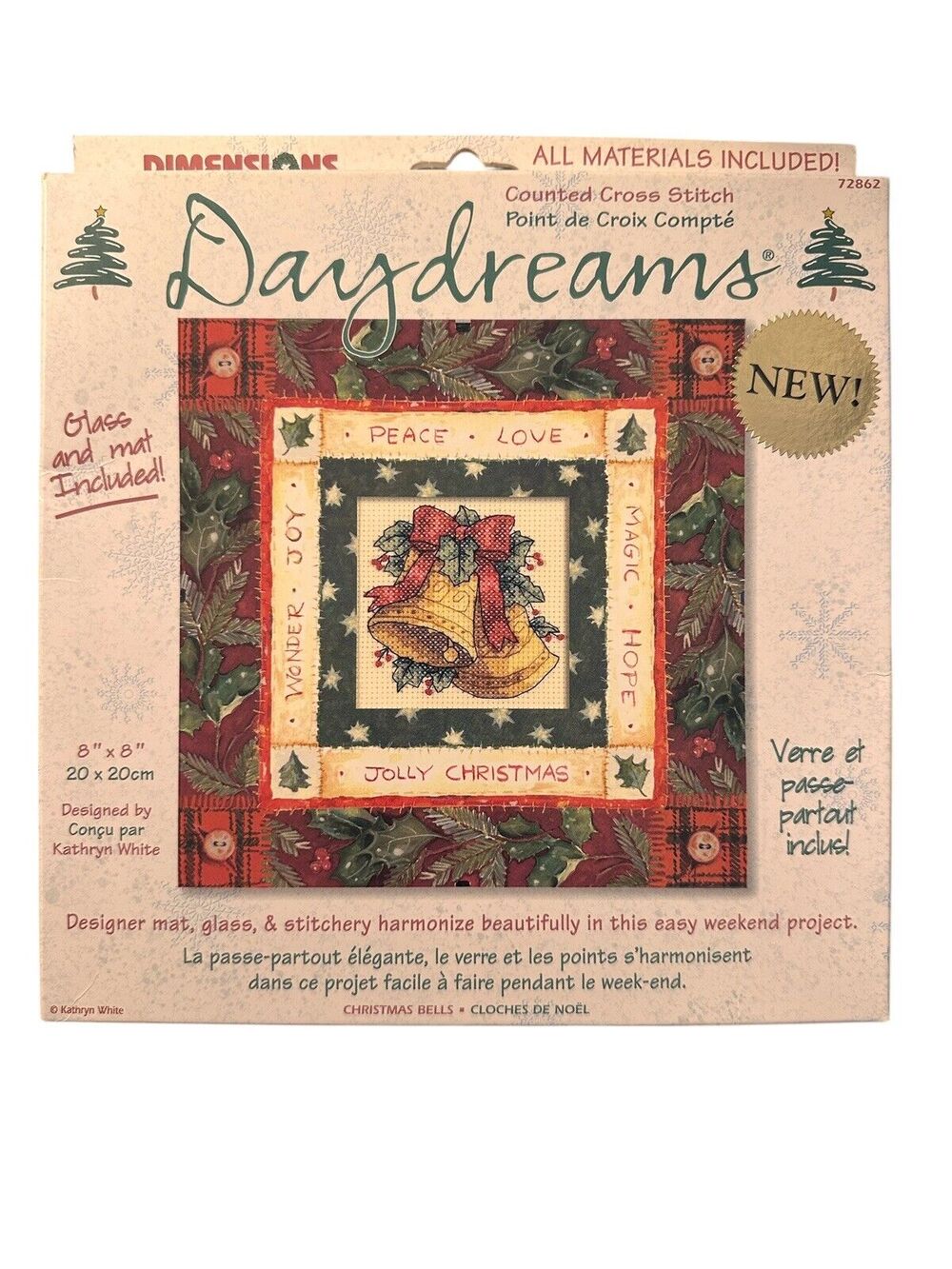 VTG Dimensions Counted Cross Stitch Under Glass Christmas Bell Daydreams Kit NEW